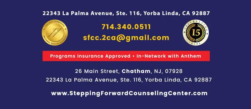 A business card for stepping forward counseling center.